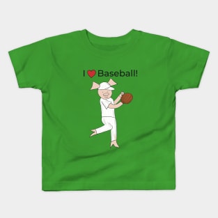 I love Baseball! Left-handed Pig baseball player, pitcher, blue, baseball Kids T-Shirt